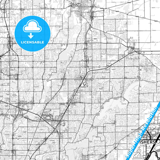 Fishers, Indiana light map with streetnames, citynames and districts