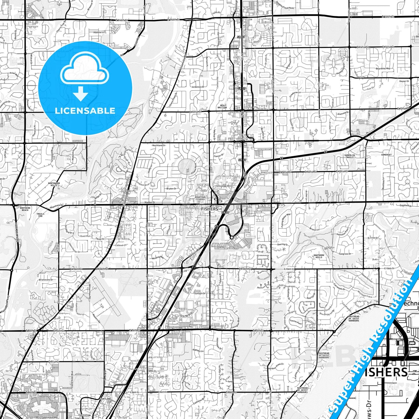 Fishers, Indiana Light Map with Street Names, City Names, and Districts