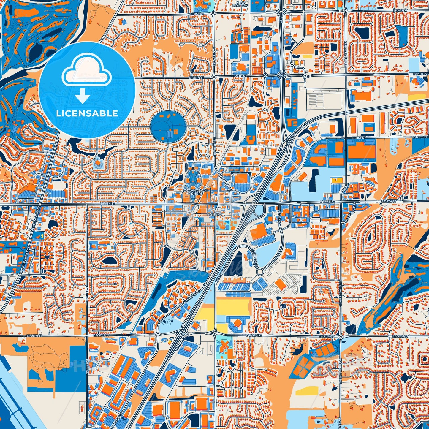 Colorful Fishers Street Map with Labels and Buildings