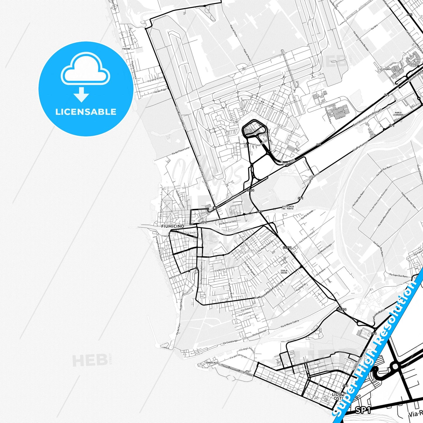 Fiumicino, Italy Light Map with Street Names, City Names, and Districts