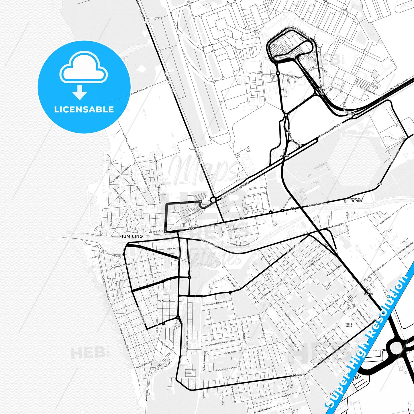 Fiumicino, Italy Light Map with Street Names, City Names, and Districts