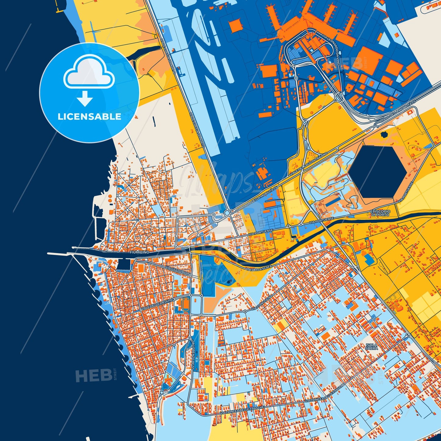 Colorful Fiumicino Street Map with Labels and Buildings