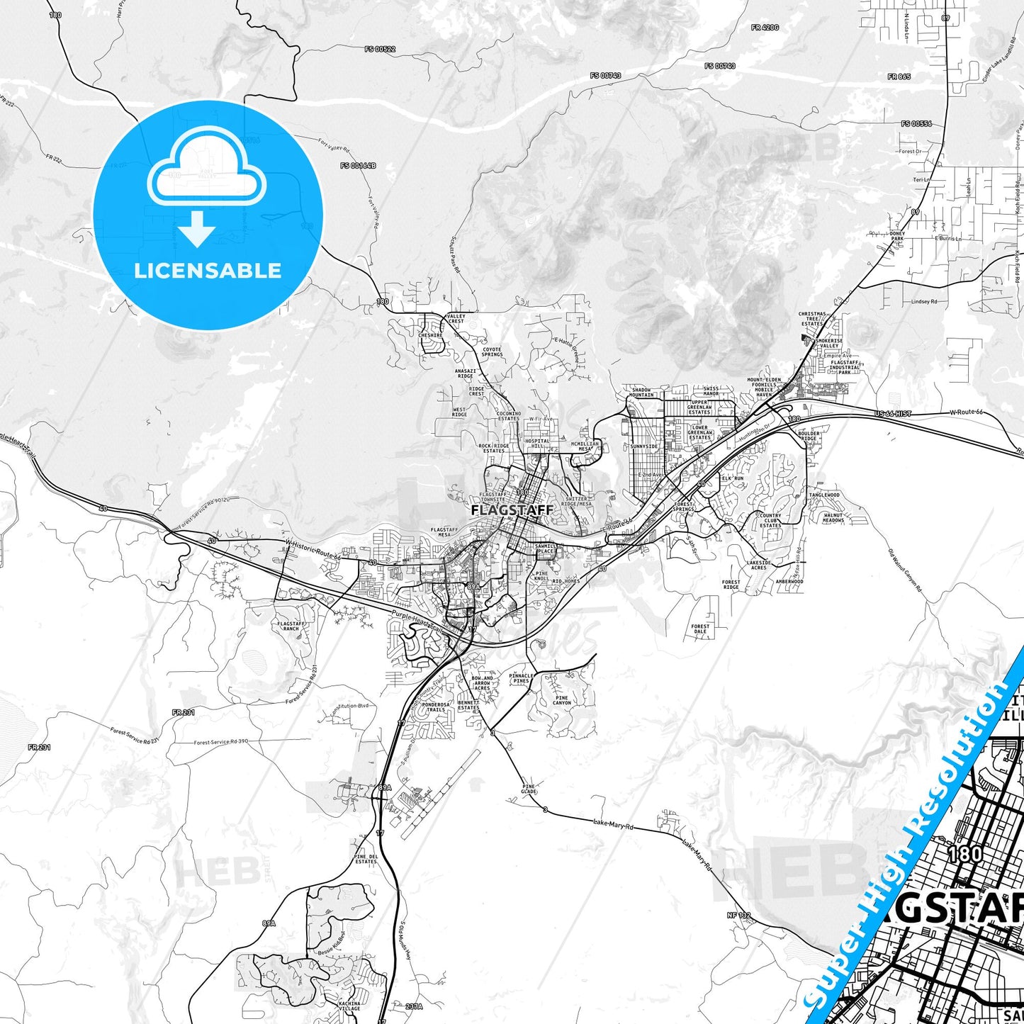 Flagstaff, Arizona light map with streetnames, citynames and districts