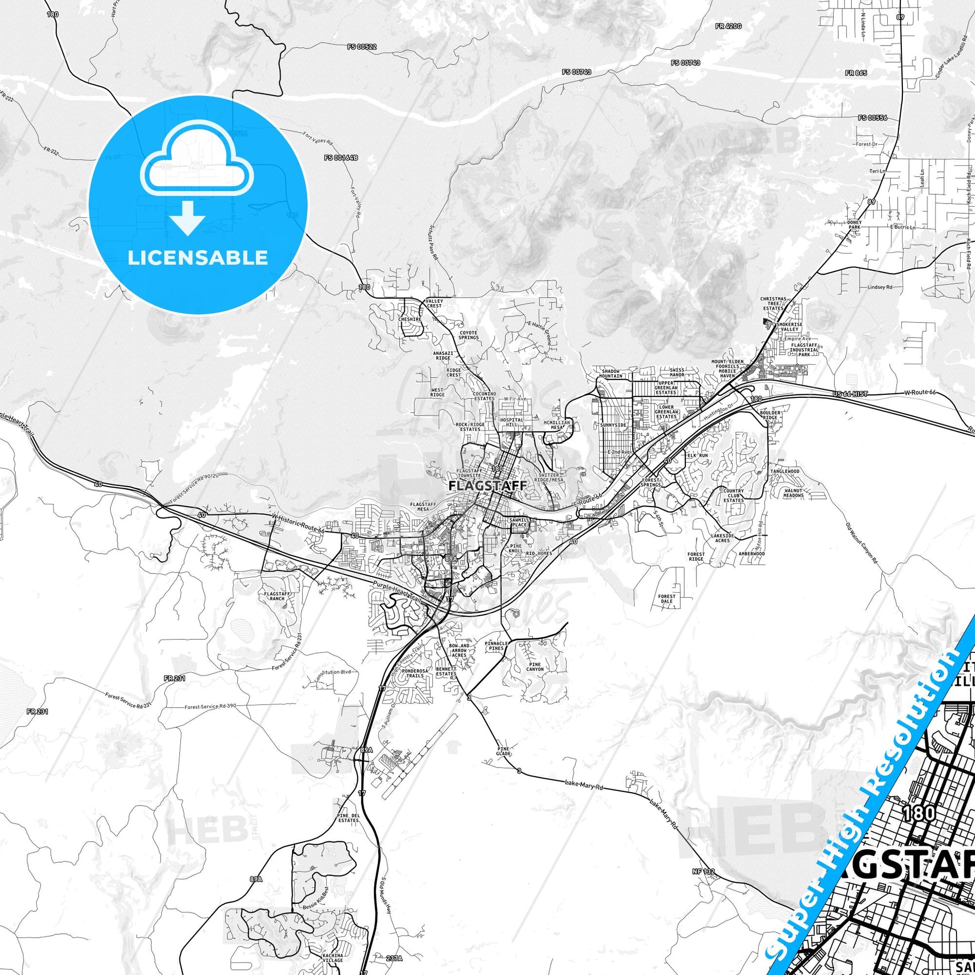 Flagstaff, Arizona light map with streetnames, citynames and districts
