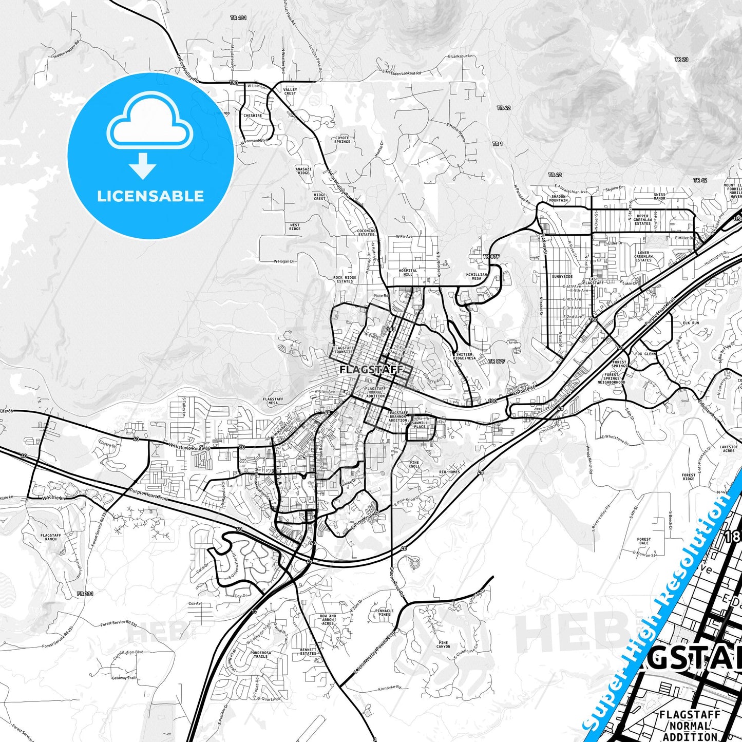Flagstaff, Arizona Light Map with Street Names, City Names, and Districts