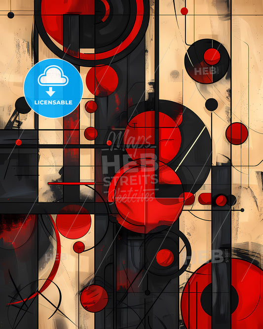 Abstract Art, Red Black, Geometric Shapes, Circles, Lines, Modern, Painting