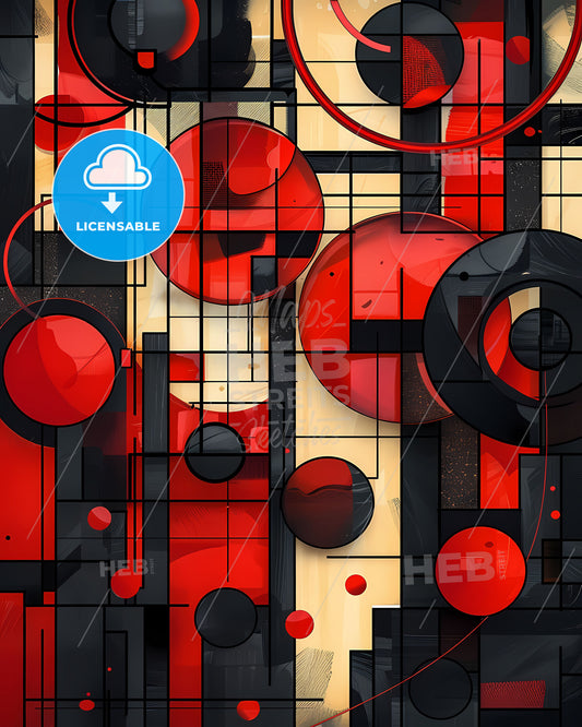 Abstract Art, Circles, Lines, Red, Black, Color Blocks, Modern, Geometric, Painting, Canvas, Wall Art