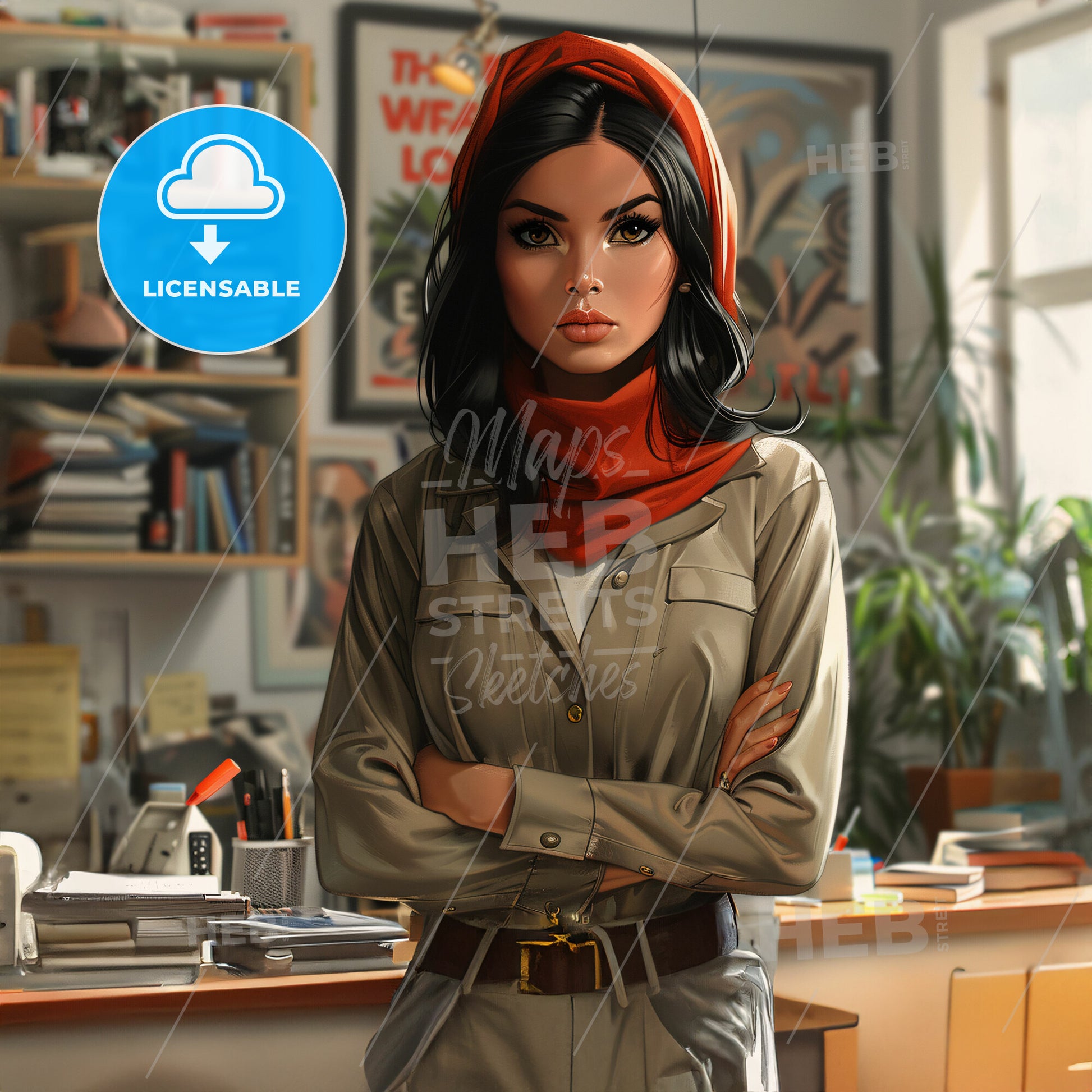 Flat Design - A Woman With Her Arms Crossed In A Room With Books And A Window