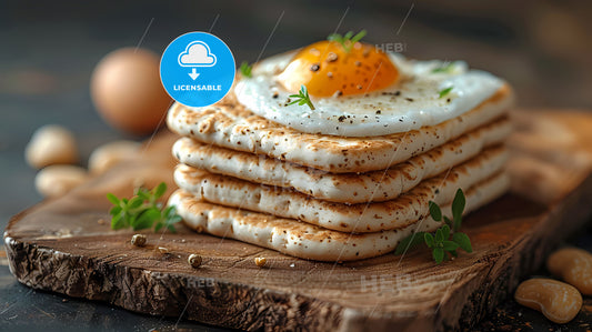 Vibrant painting of a stack of flatbread with an egg on top, featuring a flat design of happy Passover concept with focus on art