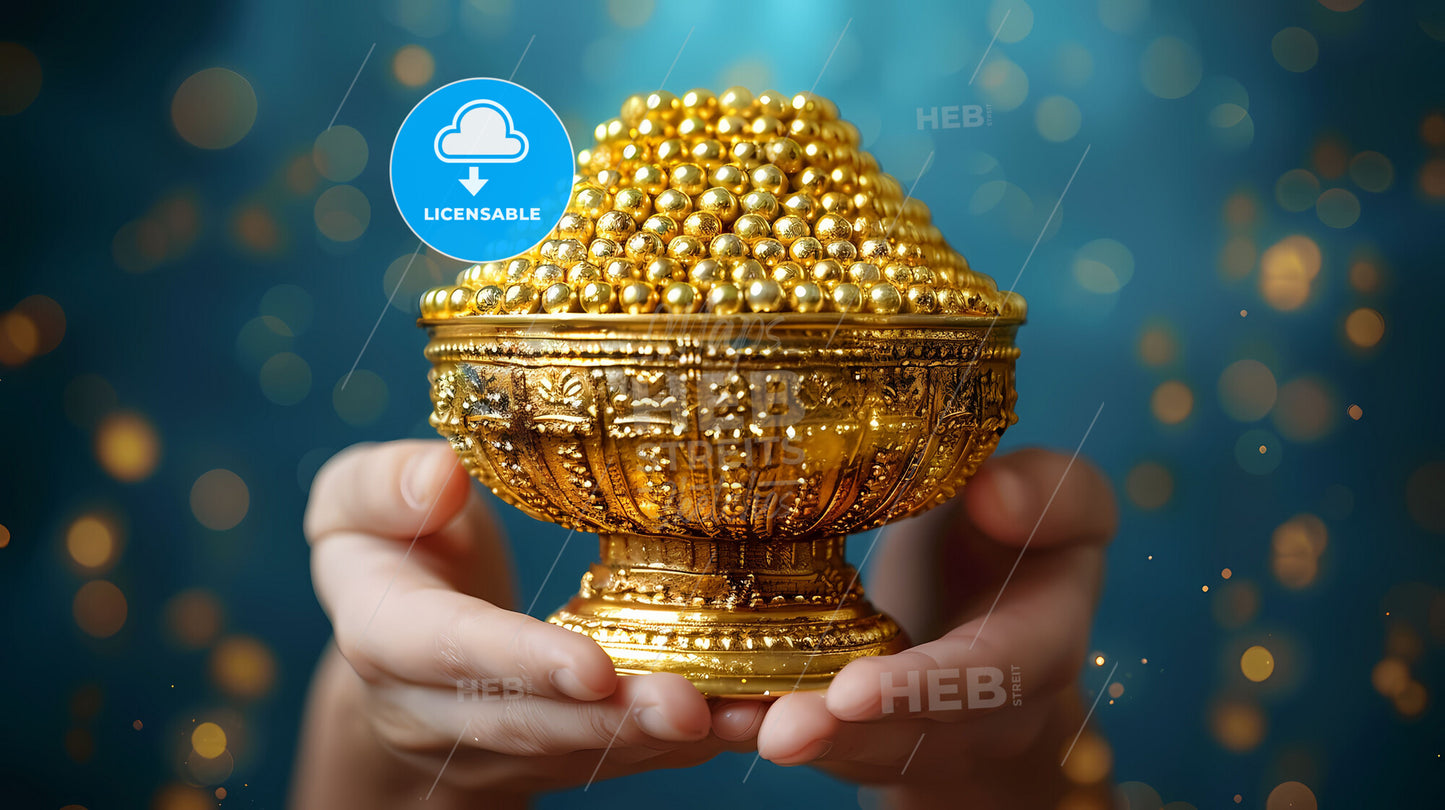 Vibrant Art Depicting Passover Celebration: Gold Bowl with Small Balls