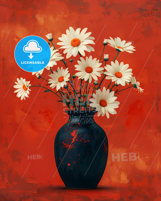 Minimalist Still Life Painting: Vibrant Silhouette of a Vase with White Daisies on Plain Background