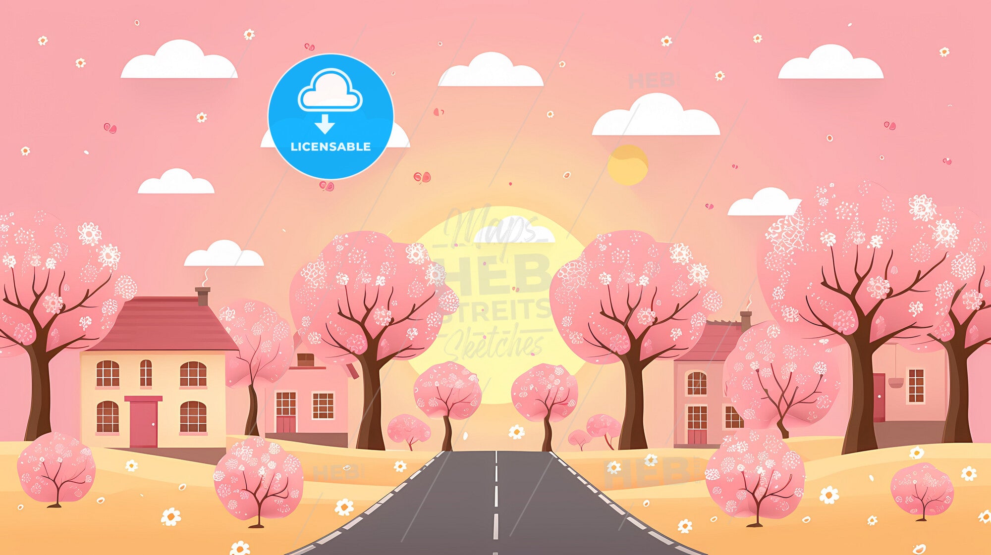 Vibrant Spring Background Art With Road, Trees, Houses And Copy Space ...