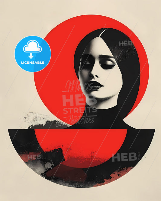 Geometric minimalist female logo, red and black, modern abstract pop art, woman with black hair and red circle