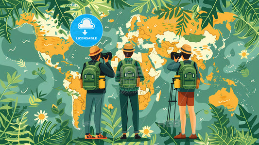Artistic Rendering for World Photography Day: Group Adventurers with Cameras and Backpacks
