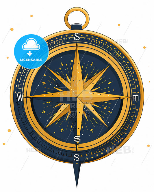 Vintage Compass Rose Painting with Star, Yellow and Blue, Transparent Background, 4K PNG