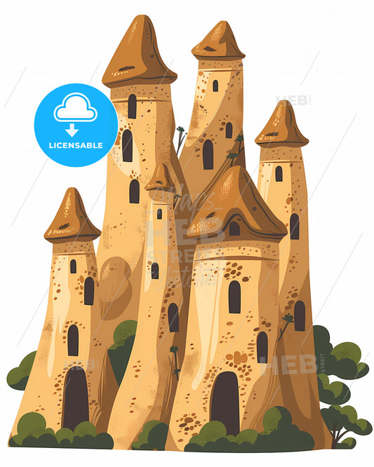 Flat Illustration of Majestic Fairy Chimneys of Cappadocia From Upward Angle As Transparent Web-Ready Cartoon Castle Art