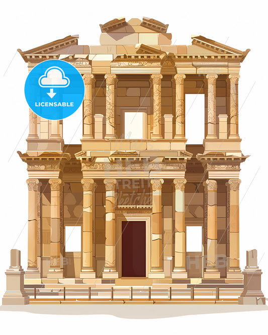Upward-facing, majestic, transparent library of celsus in ephesus, vibrant, painterly building with columns, web-ready artwork