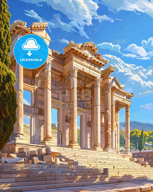 Flat style depiction of the historical library of Celsus in Ephesus, an iconic stone building with columns and steps, showcasing its architectural grandeur and artistic appeal