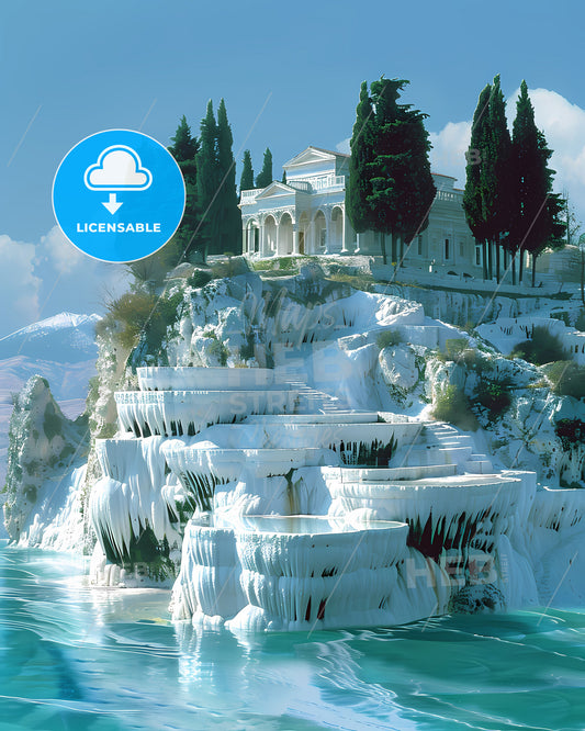 Majestic Travertine Landscape of Pamukkale with Hierapolis, Digital Painting, Building on Cliff, Trees, Transparent, Web Ready