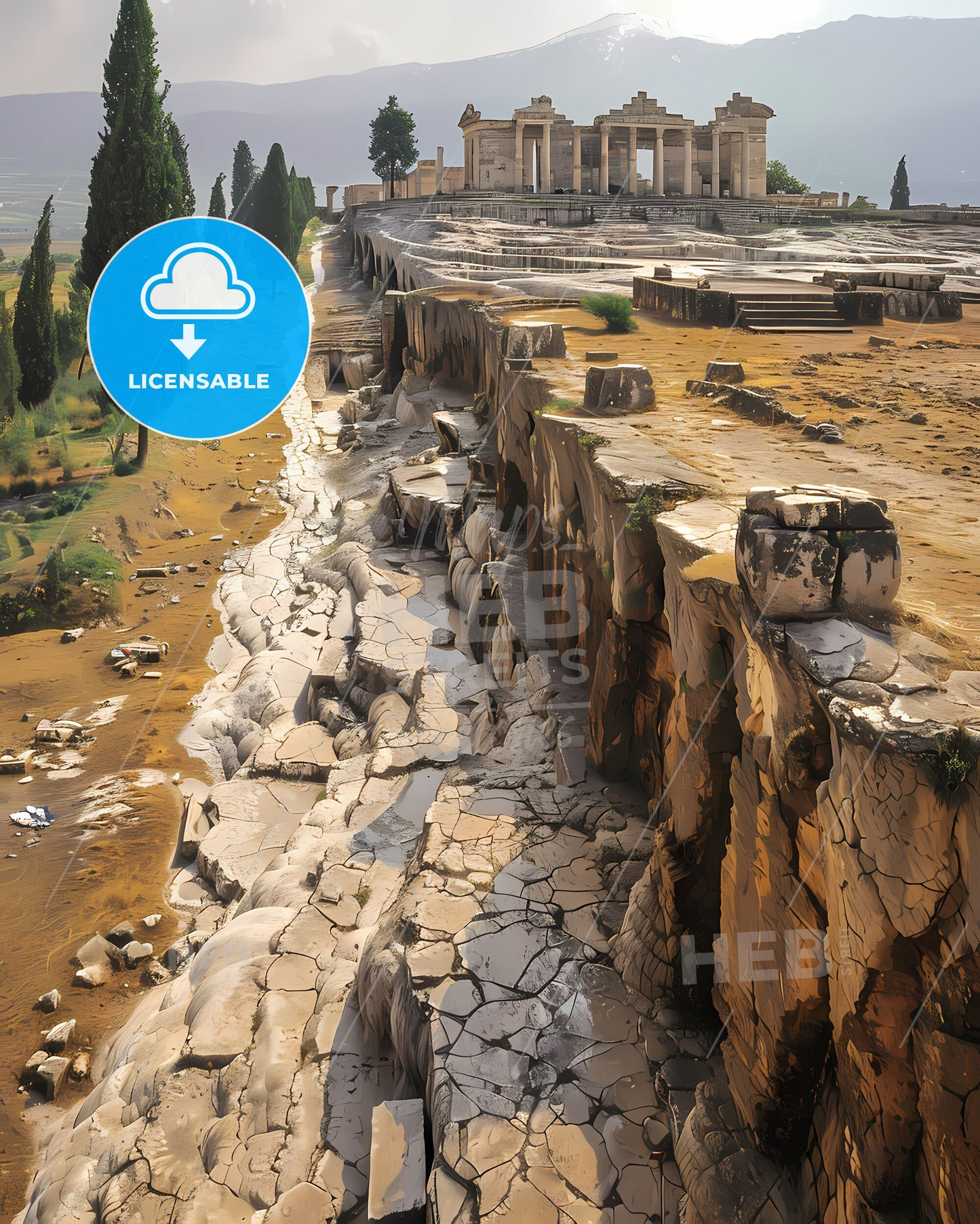 Flat illustration side view majestic Pamukkale travertines landmark Hierapolis rocky cliff columns tree painting art vibrant