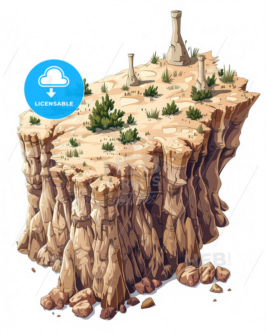 Vibrant Isometric Cartoon Cliff with Cappadocia Fairy Chimneys and Arid Land, Transparent Background, Isolated Cutout, Colorful Painting with Artistic Focus