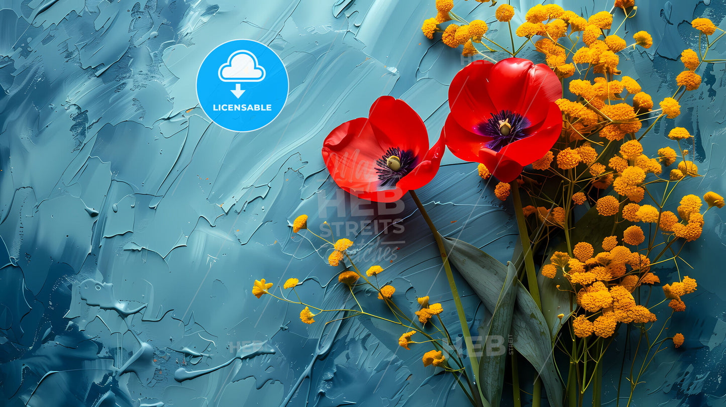 Floral Flat Lay with Vibrant Painting and Copyspace for Creative Art and Design