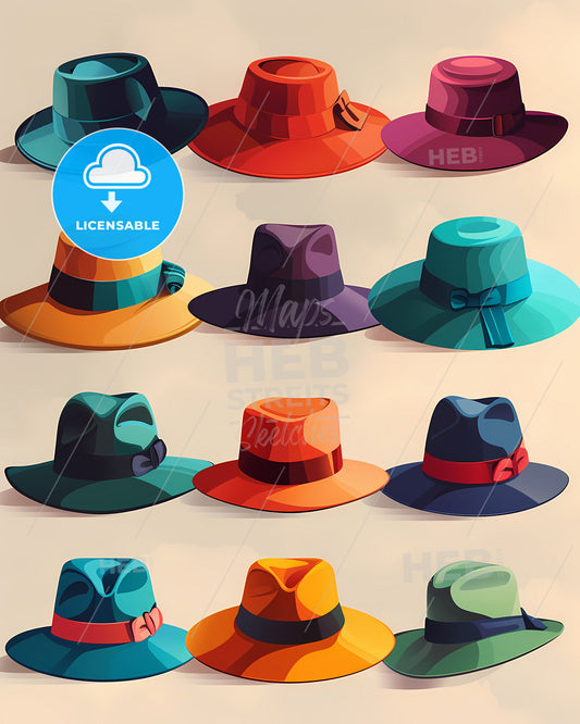 Vibrant Lay Sunhats in Neutral Colors with Exquisite Cartoon Graphic Details and Isolated Background Clipart