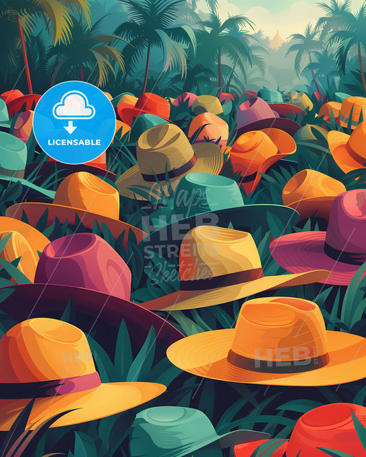 Exquisite painterly summer hats on grass, isolated, cartoon, graphic, clipart, isolated, white background