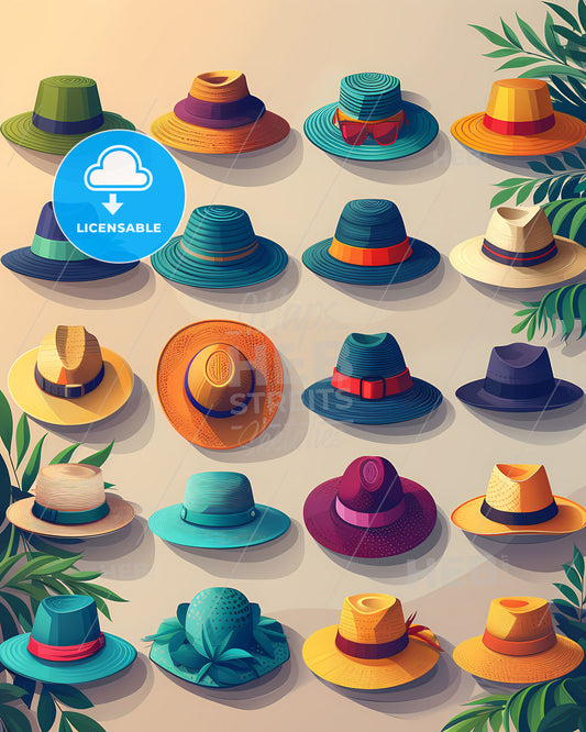 Vibrant Art Deco Sunhats Collection: Exquisite Graphic Design, Clipart, Neutral Colors, Isolated on White