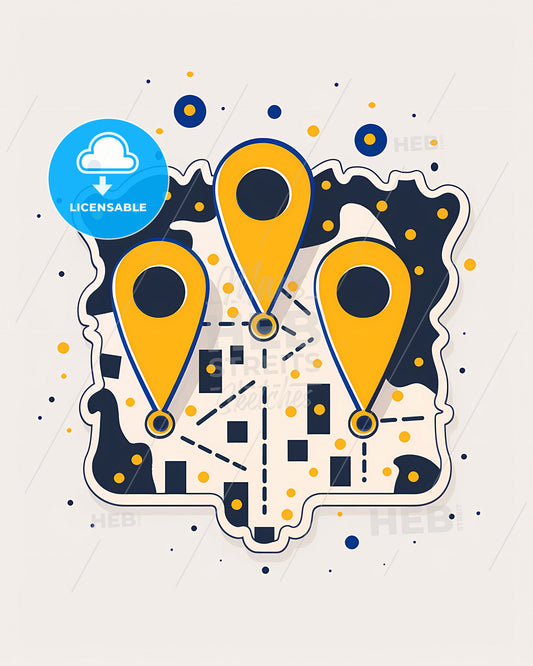 Minimalist birds eye view painting of 3 map markers connected by dashed line. Vibrant yellow with dark blue accents on a white background.