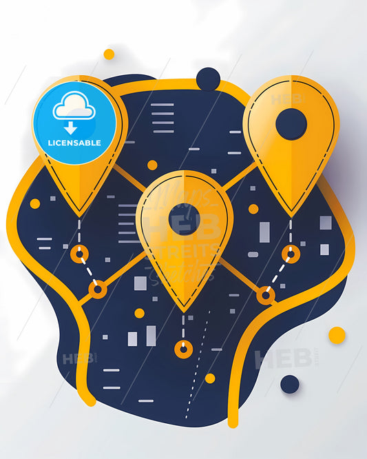 Flat minimalist illustration of 3 interconnected map markers in vibrant yellow with dark blue accents, showcasing artistry in birds eye view