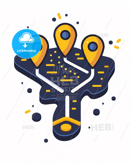 Vibrant Yellow Birds Eye View: Minimalist Map Markers with Dash Line Connection. Dark Blue Accents on White Background.