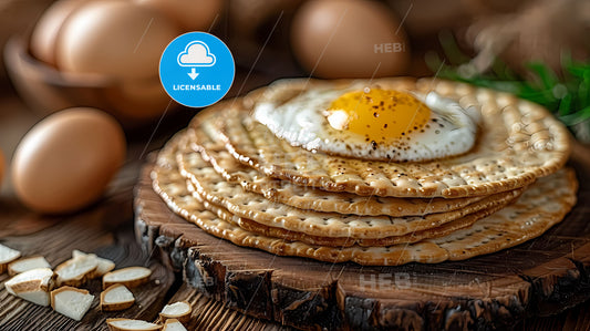 Flat photo background with stack of matzah and fried egg for Passover holiday laying on vibrant abstract art print, close up