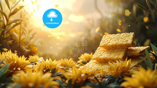 Flat photocall template for Passover celebration with copy space and a stack of matzah in a field of flowers, vibrant hand-drawn style