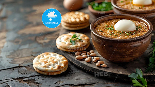 Vibrant artistic flat illustration photocall template for jewish passover celebration with copy space featuring a bowl of soup and crackers