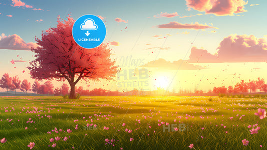 Vivid Artistic Flat Spring Scenery Artwork Background Copy Space Grass Flowers Tree