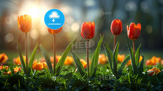 Flat Spring Watercolor Background with Tulip Flowers in Grass and Copy Space for Design Decor Print
