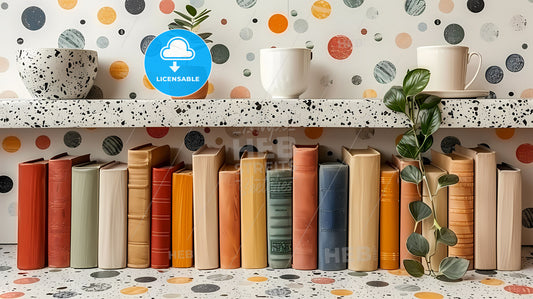 Shelf with Books and Cup, Book Day Background, Painting, Art, Copy Space