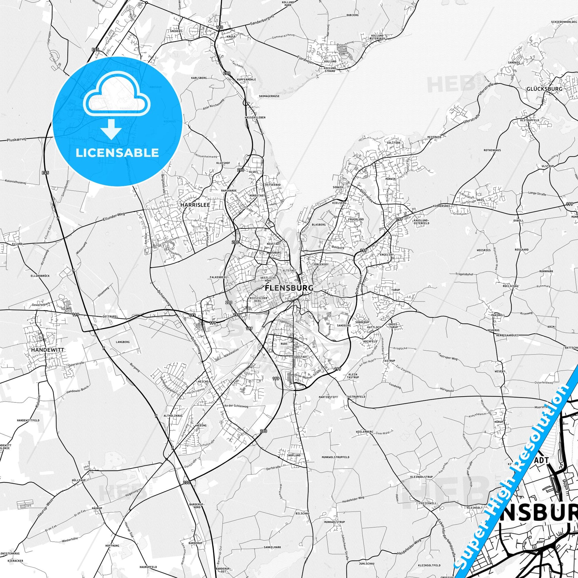 Flensburg, Germany light map with streetnames, citynames and districts