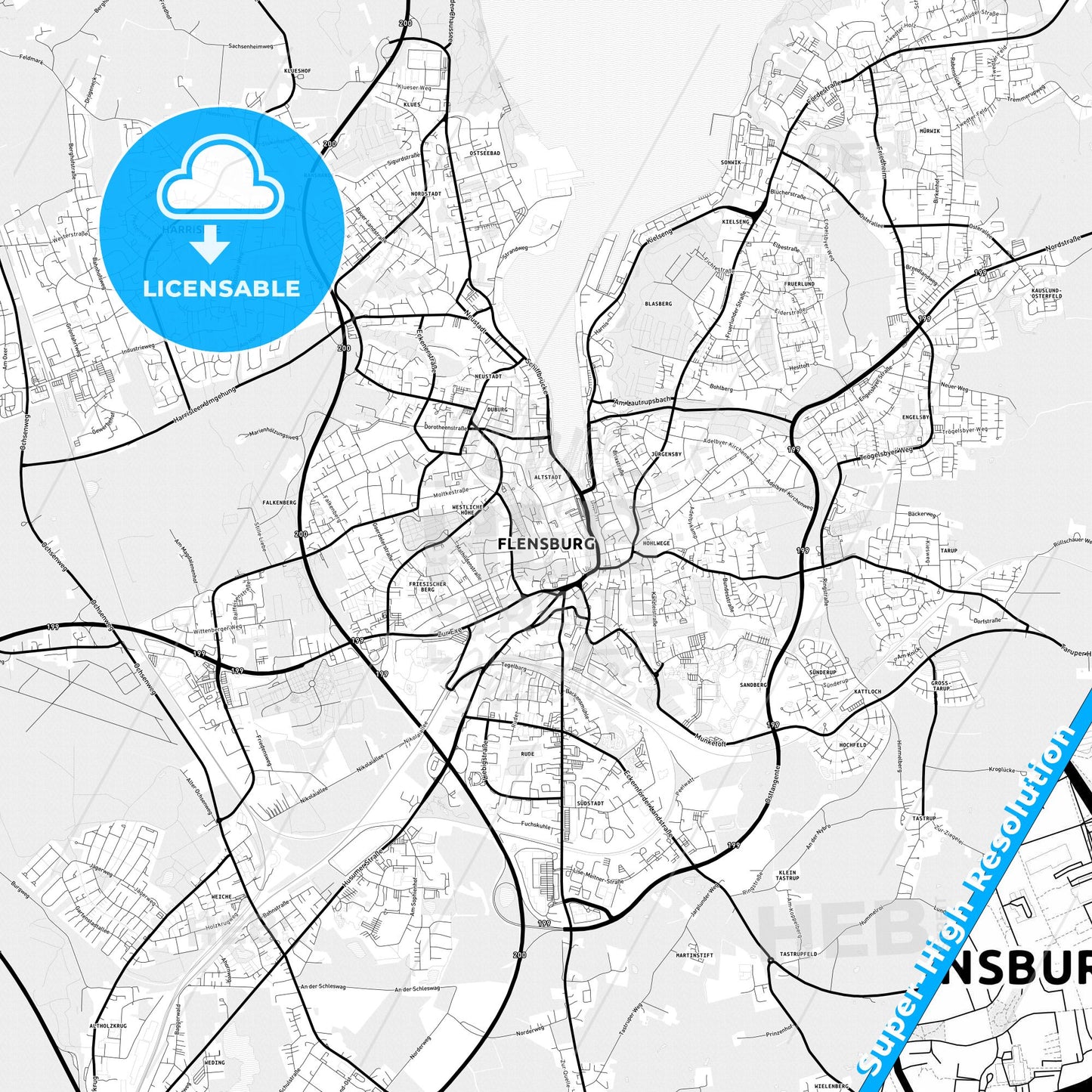 Flensburg, Germany Light Map with Street Names, City Names, and Districts