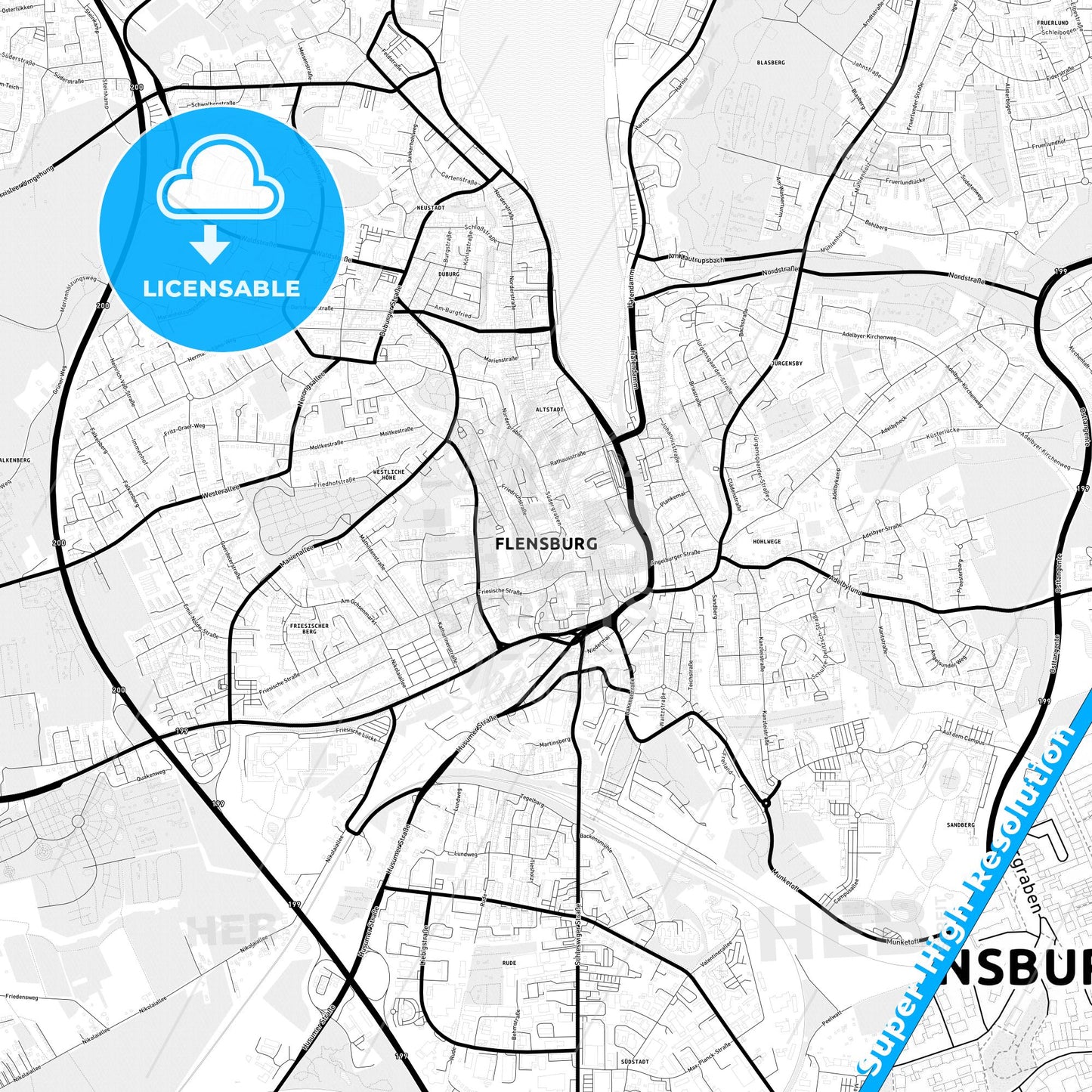 Flensburg, Germany Light Map with Street Names, City Names, and Districts