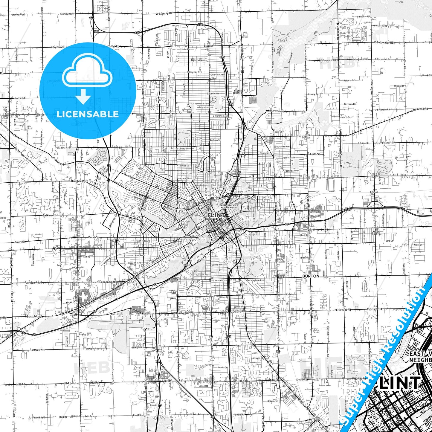 Flint, Michigan light map with streetnames, citynames and districts