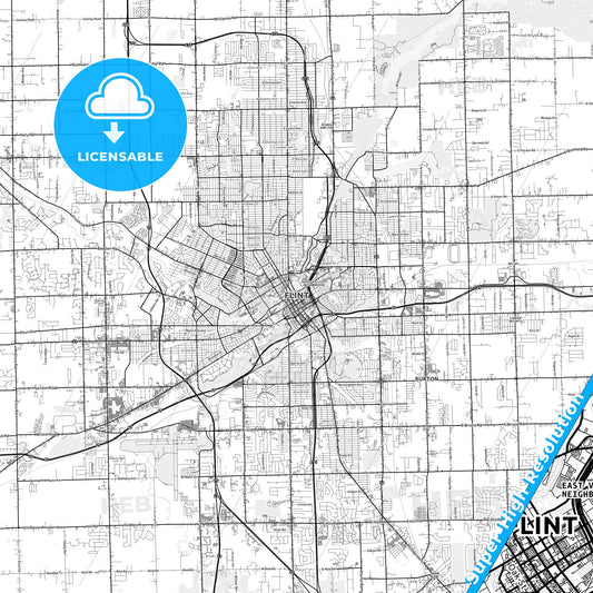 Flint, Michigan light map with streetnames, citynames and districts