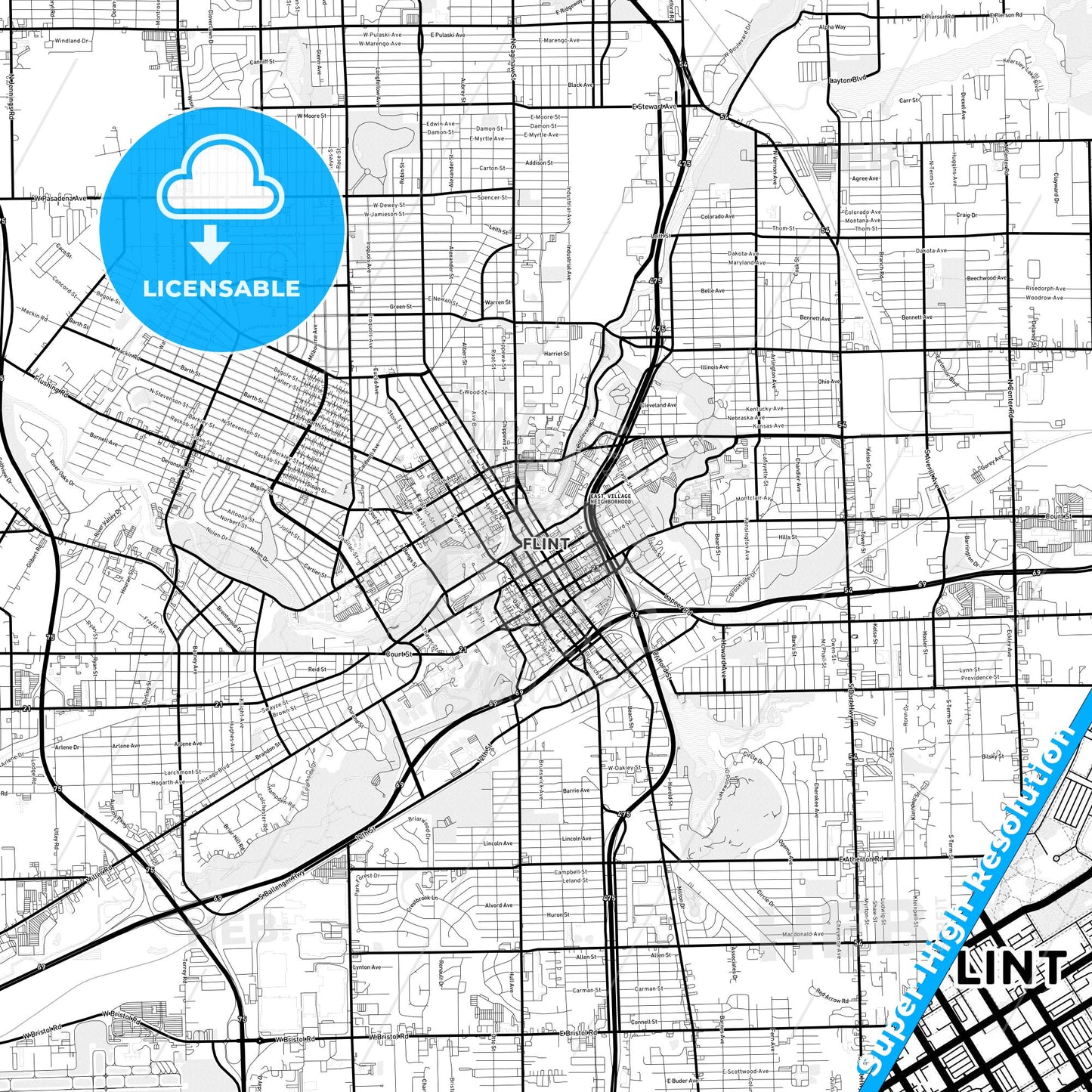 Flint, Michigan Light Map with Street Names, City Names, and Districts