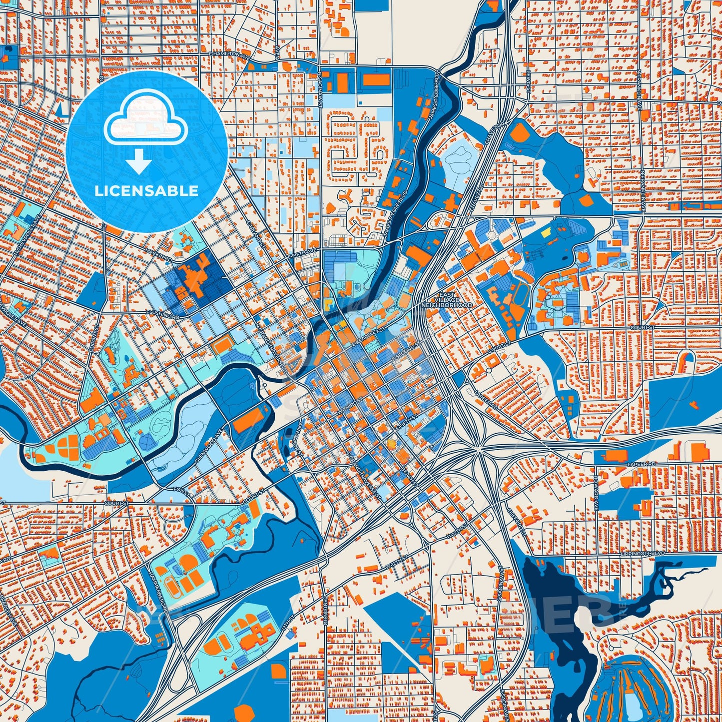 Colorful Flint Street Map with Labels and Buildings