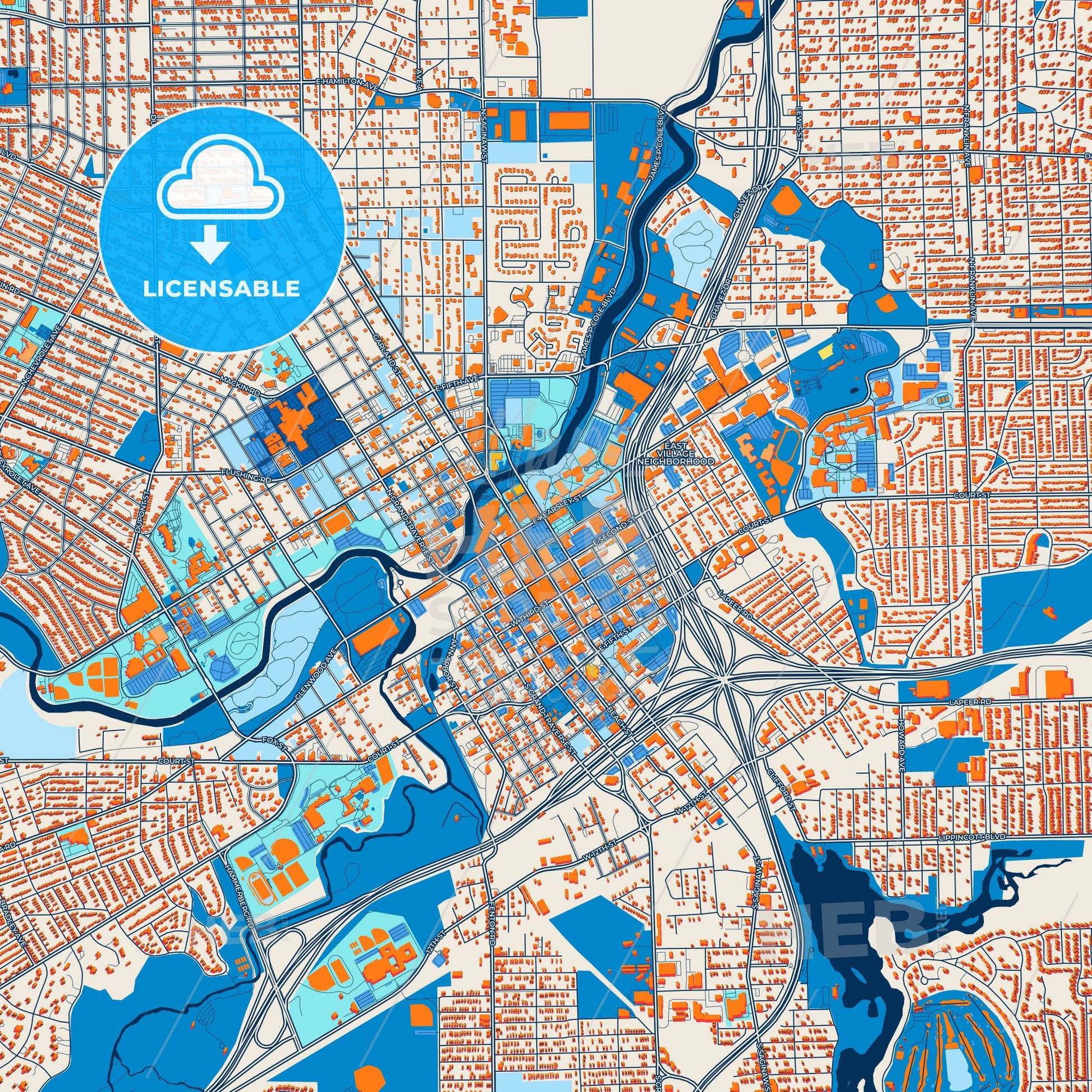 Colorful Flint Street Map with Labels and Buildings