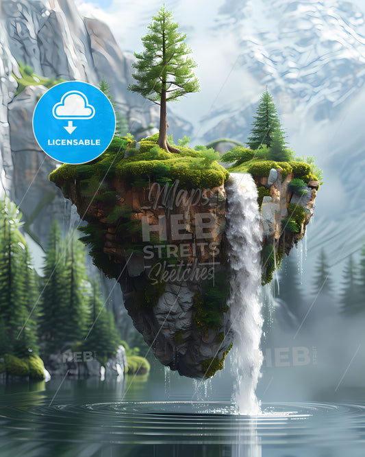 Atmospheric Fantasy Landscape: Enchanted Floating Island with Waterfall and Scenic Valley View