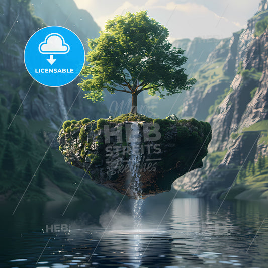 Floating Mini-Island with Tree over Lake near Waterfall in Atmospheric Valley with Perspective, Vibrant Artistic Painting