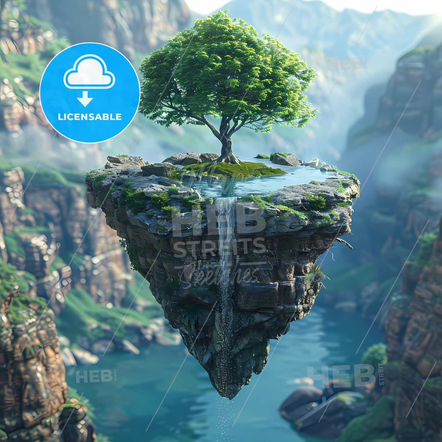 Floating Island, Tree, Lake, Waterfall, Valley, Atmospheric Perspective, Painting, Art, Landscape