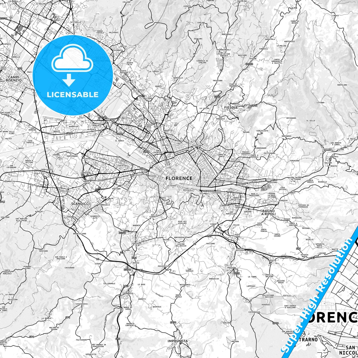 Florence, Italy light map with streetnames, citynames and districts